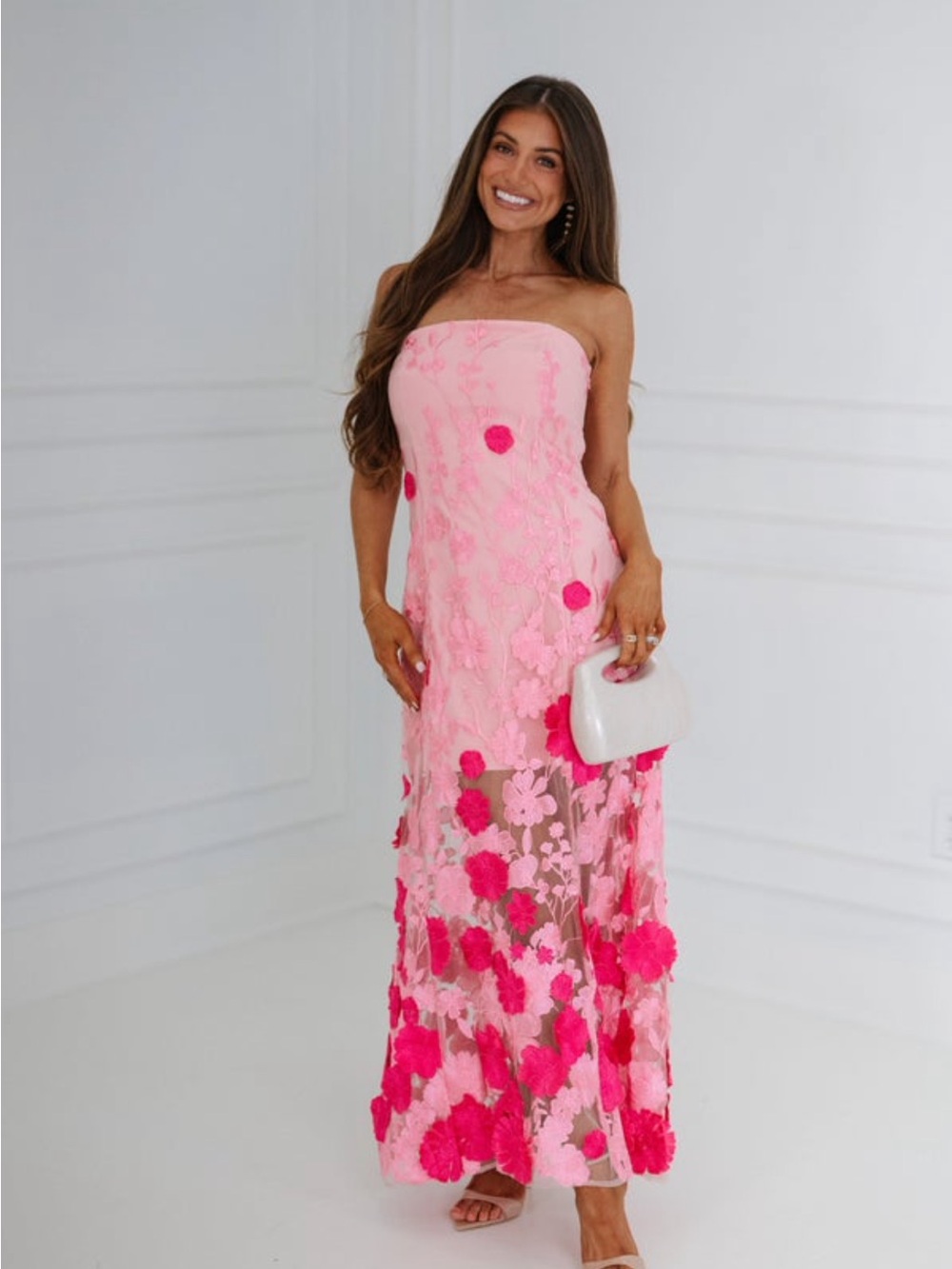 Endless Rose Strapless Pink Floral Appliqué Maxi Dress